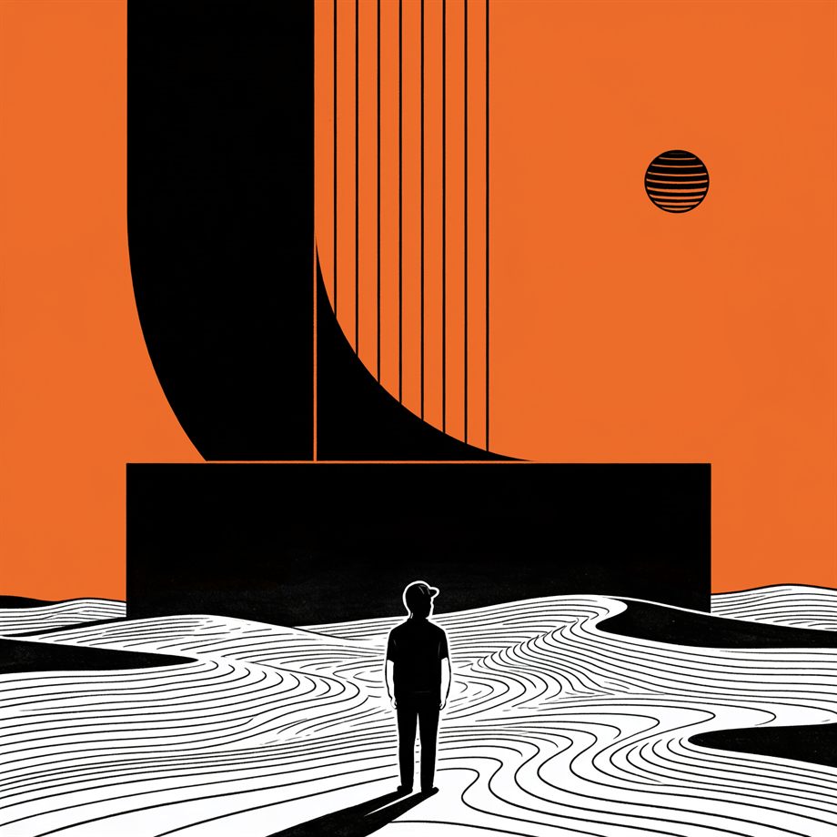 Illustration — figure standing before an architectural structure